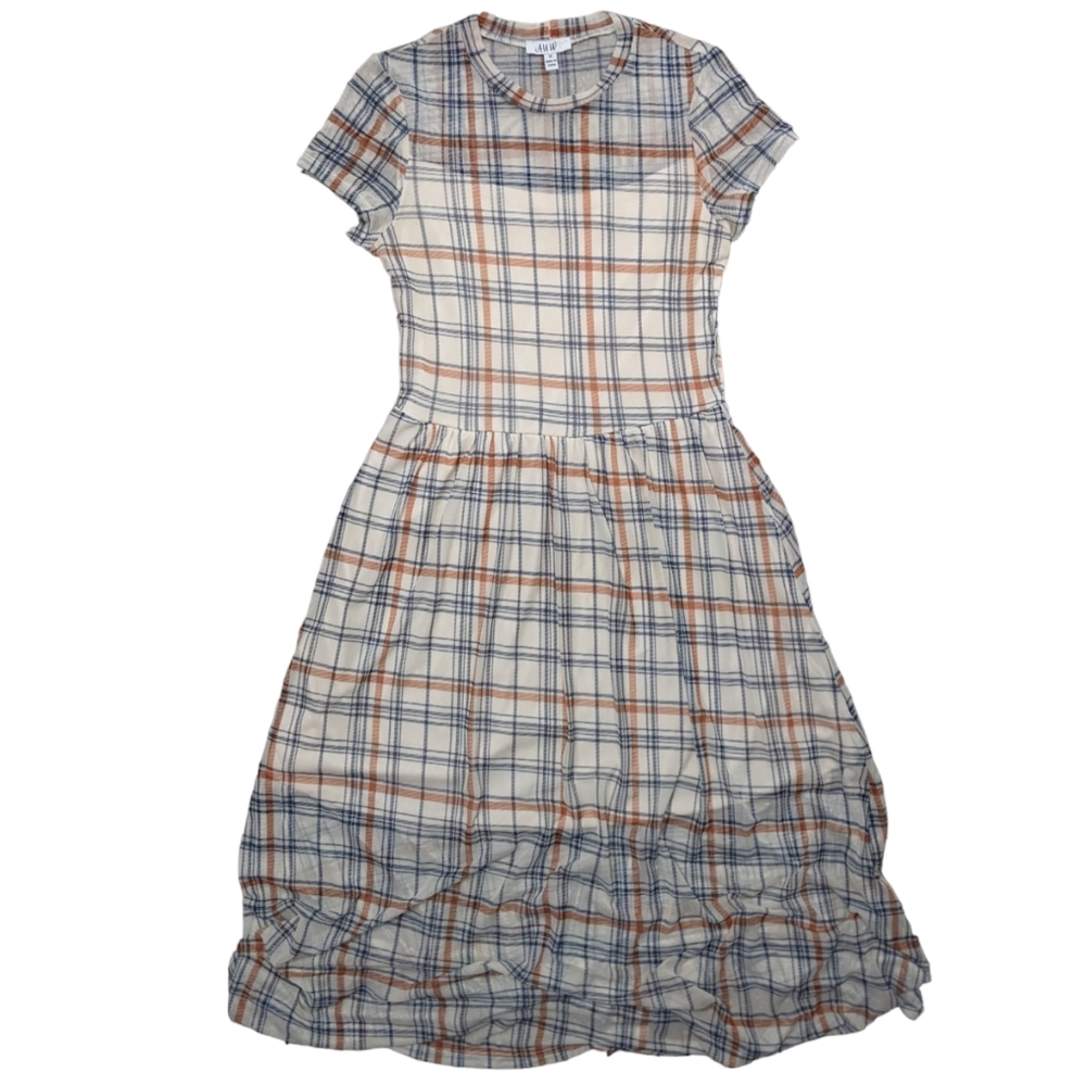 AUW sheer lined cream and rust plaid fit and flare midi dress